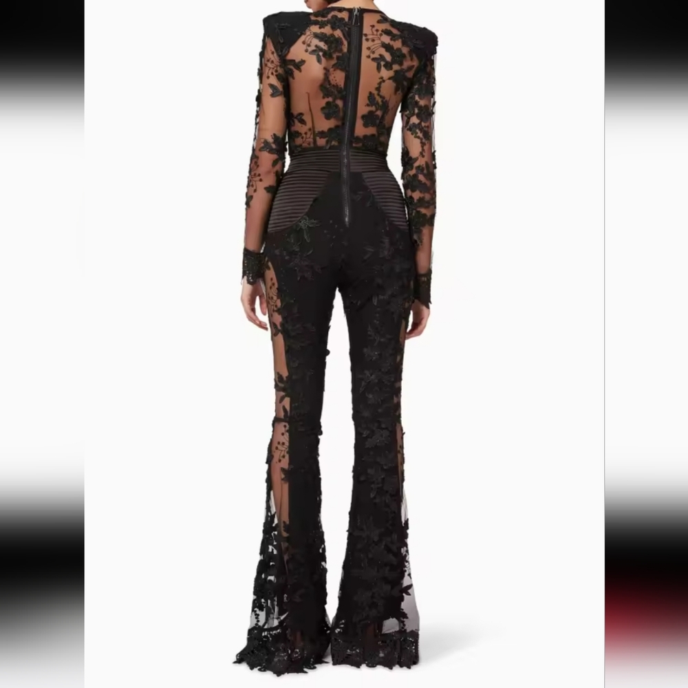 New Sexy Long Sleeve Floral Diamonds EmbroideryJumpsuit Women Black V Neck Mesh - Picture 3 of 9